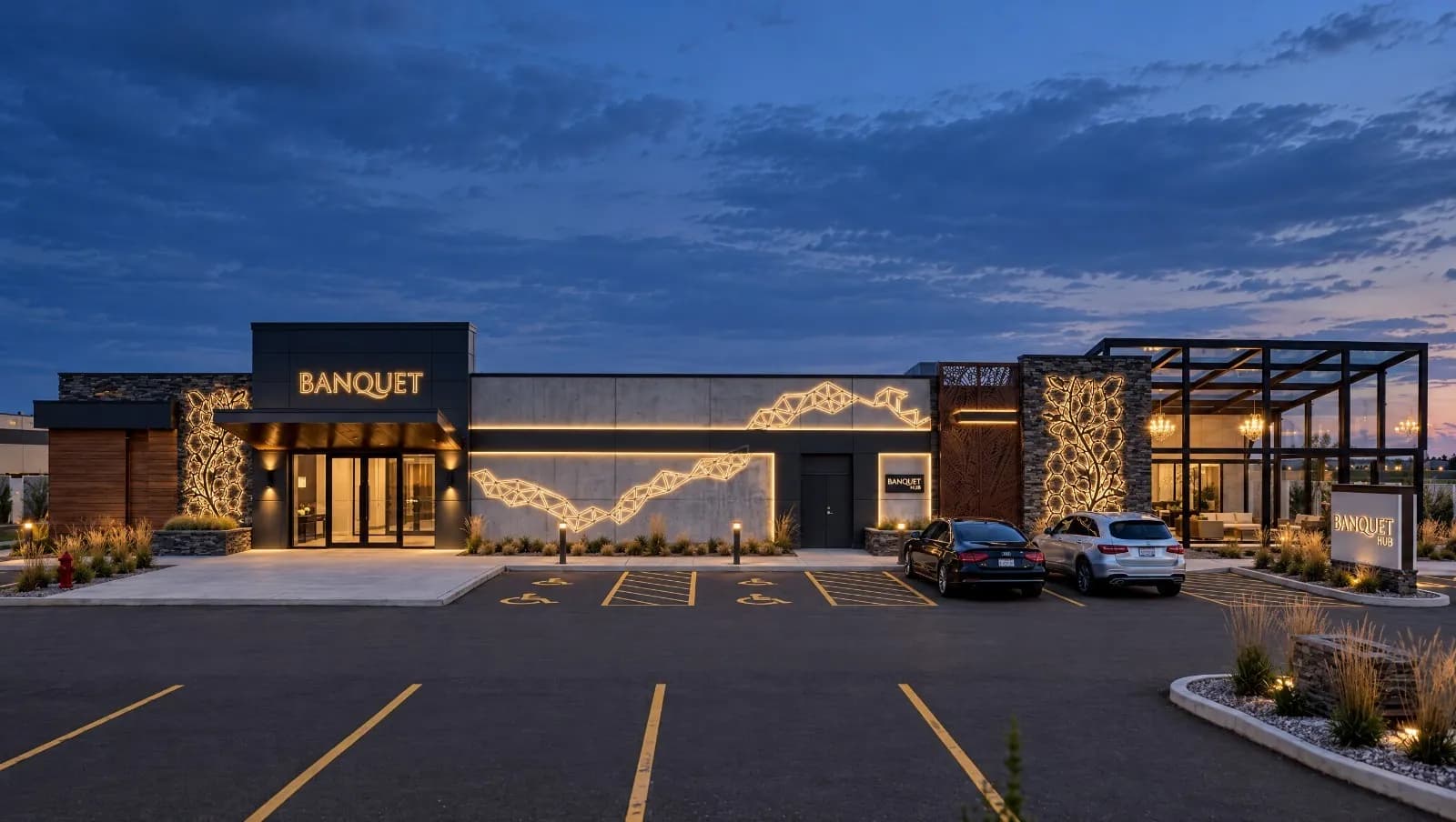 The covered main entrance and lit-up front of the building in the evening