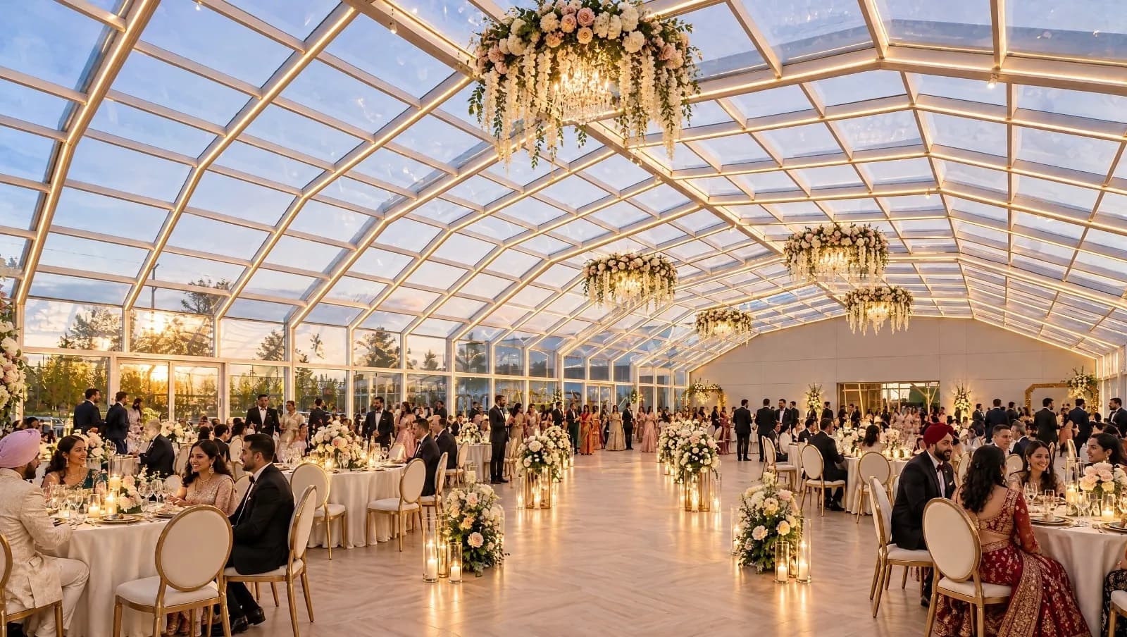 The glass ballroom with floral chandeliers and wooden floors