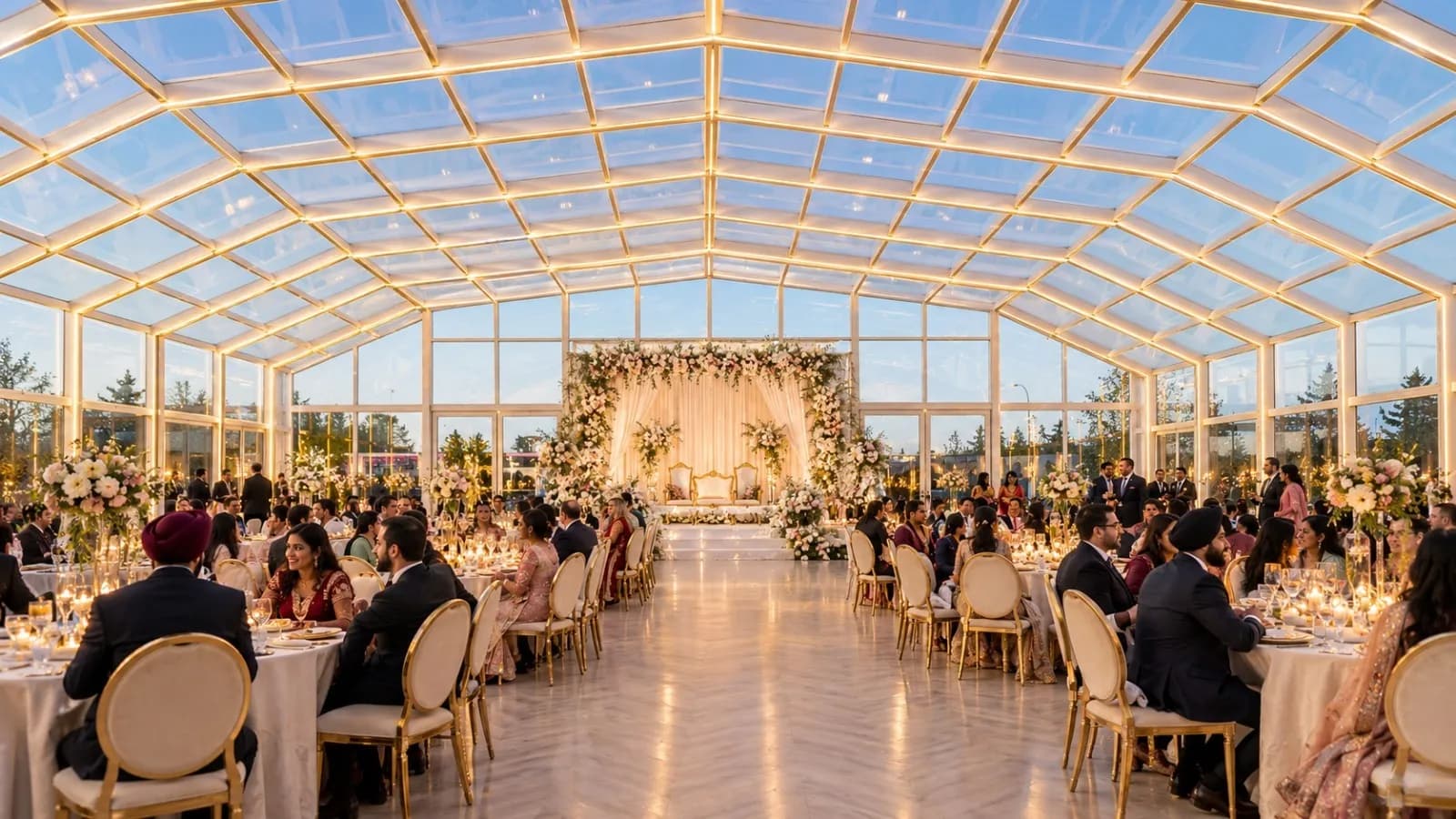 Floral stage for the couple inside the glass ballroom