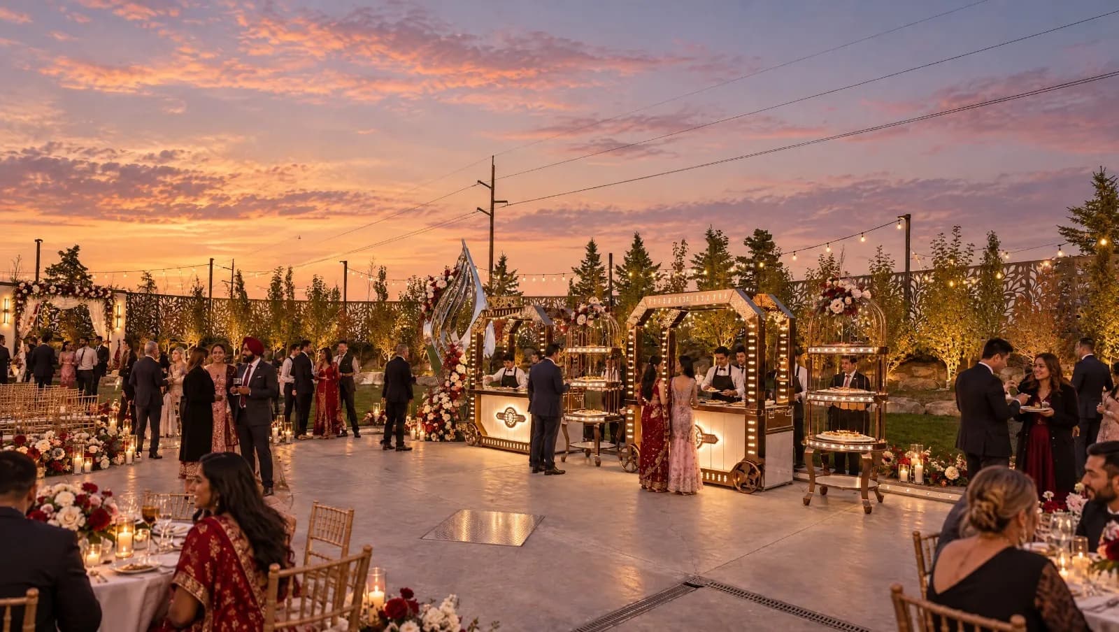 Rio Garden live food stations with lit-up food carts at sunset
