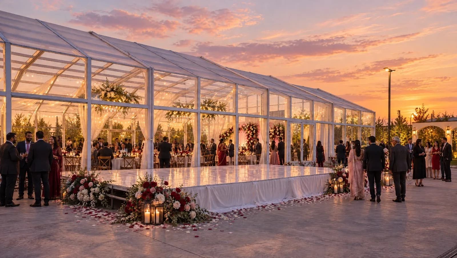 Open-air ceremony area beside the glass ballroom at sunset, lined with roses and candles