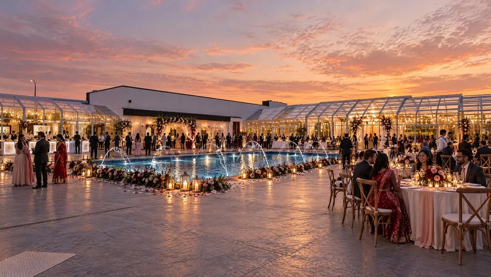 Outdoor terrace reception beside the lit-up pool in the evening