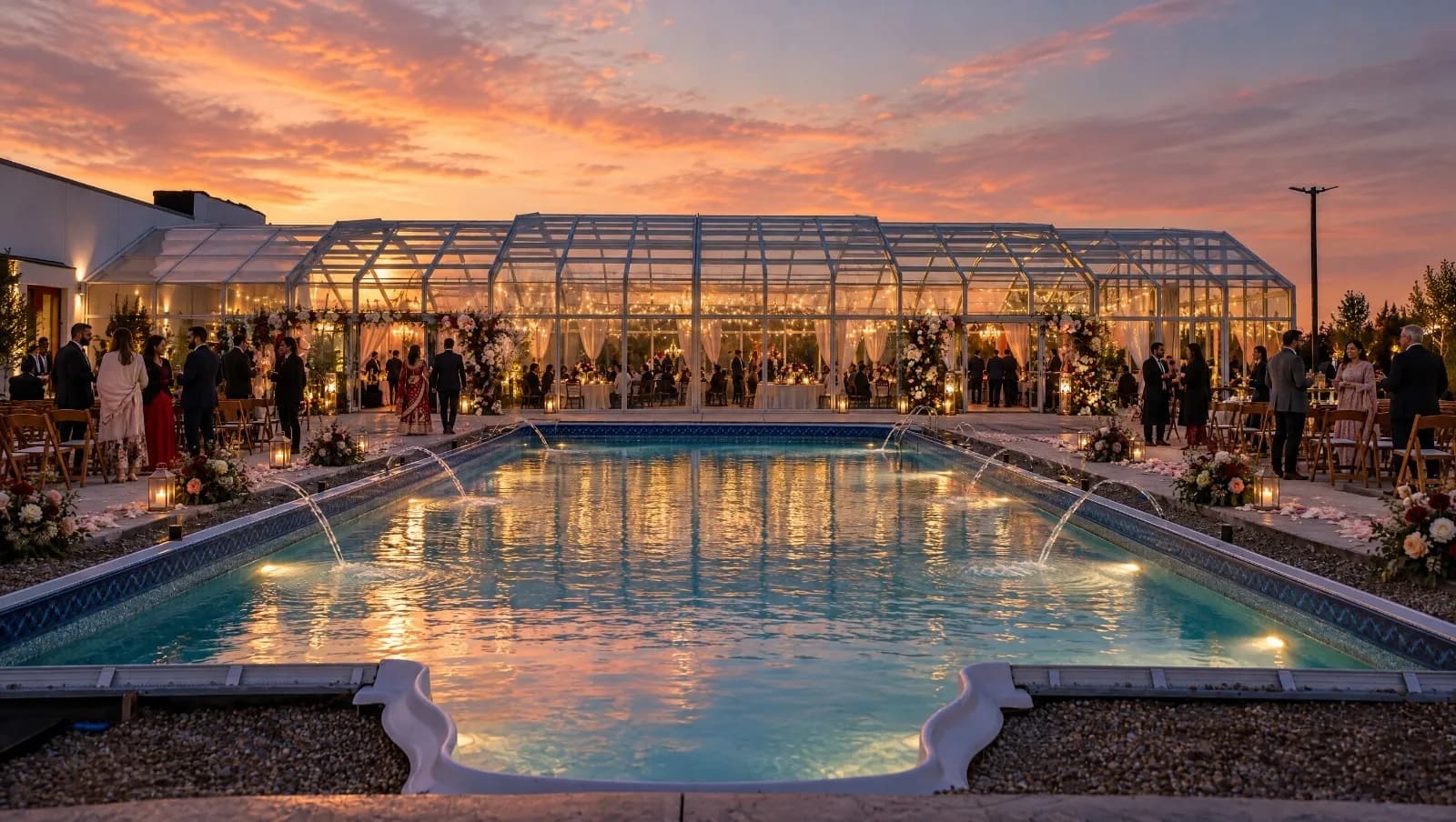 The heated pool with water fountains beside the glass ballroom at sunset